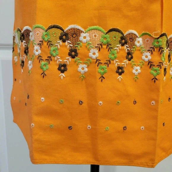 Vintage Jean Bart Orange Linen Floral Cottage Core MCM Embroidered Apron - Picture 2 of 6